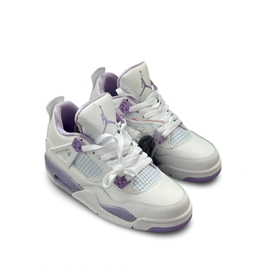 Air Jordan 4 White Purple Oreo pair angled top view showing white leather upper, purple accents, and white laces.