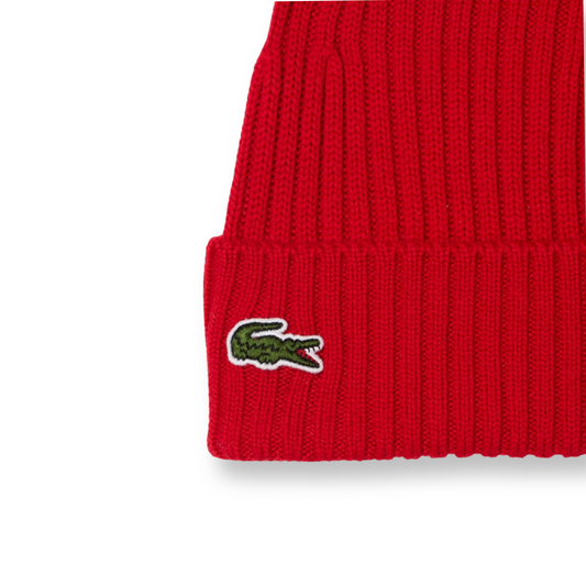 LACOSTE  UNISEX RIBBED WOOL BEANIE RED