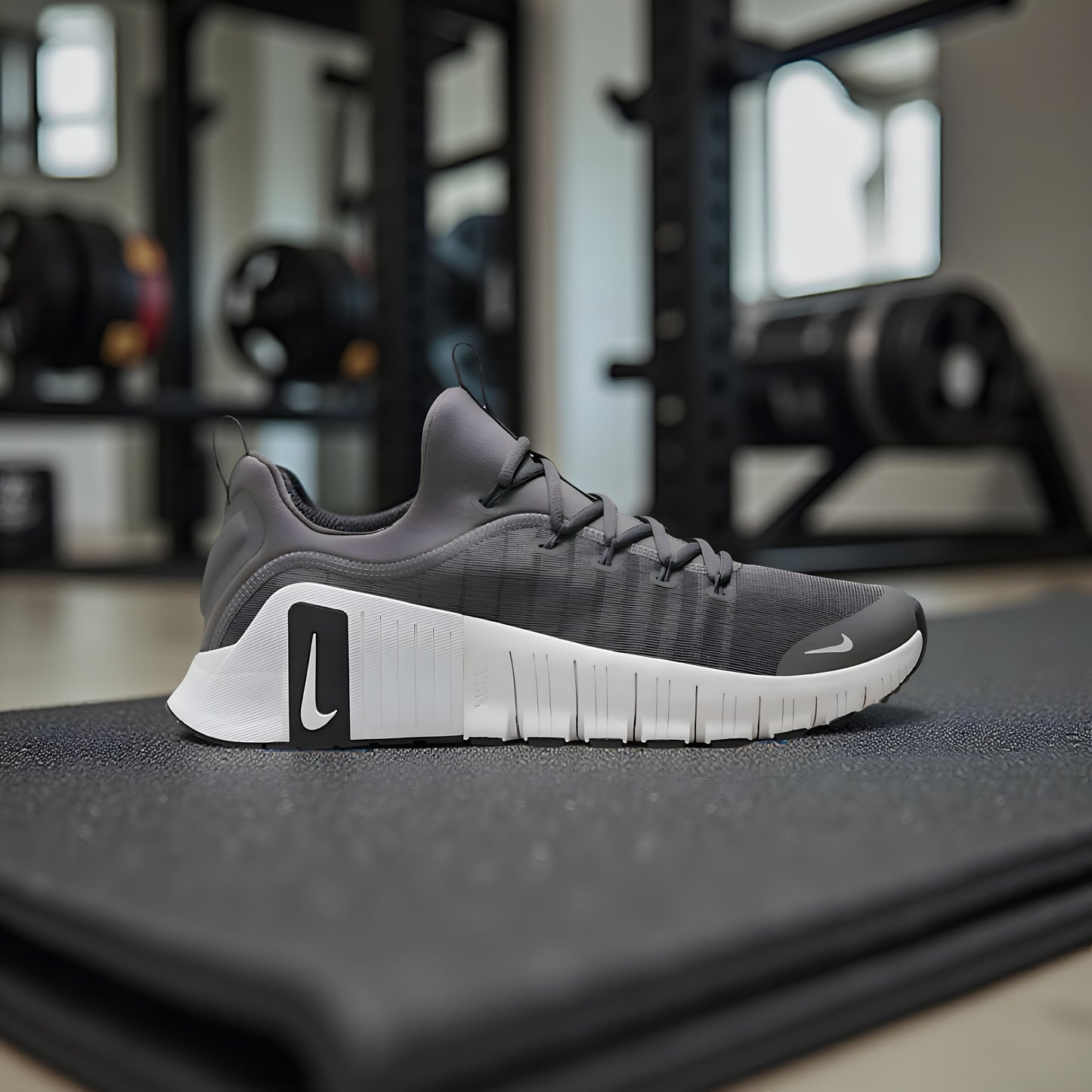 Nike Free Metcon 6 "grey/ white" shoes.