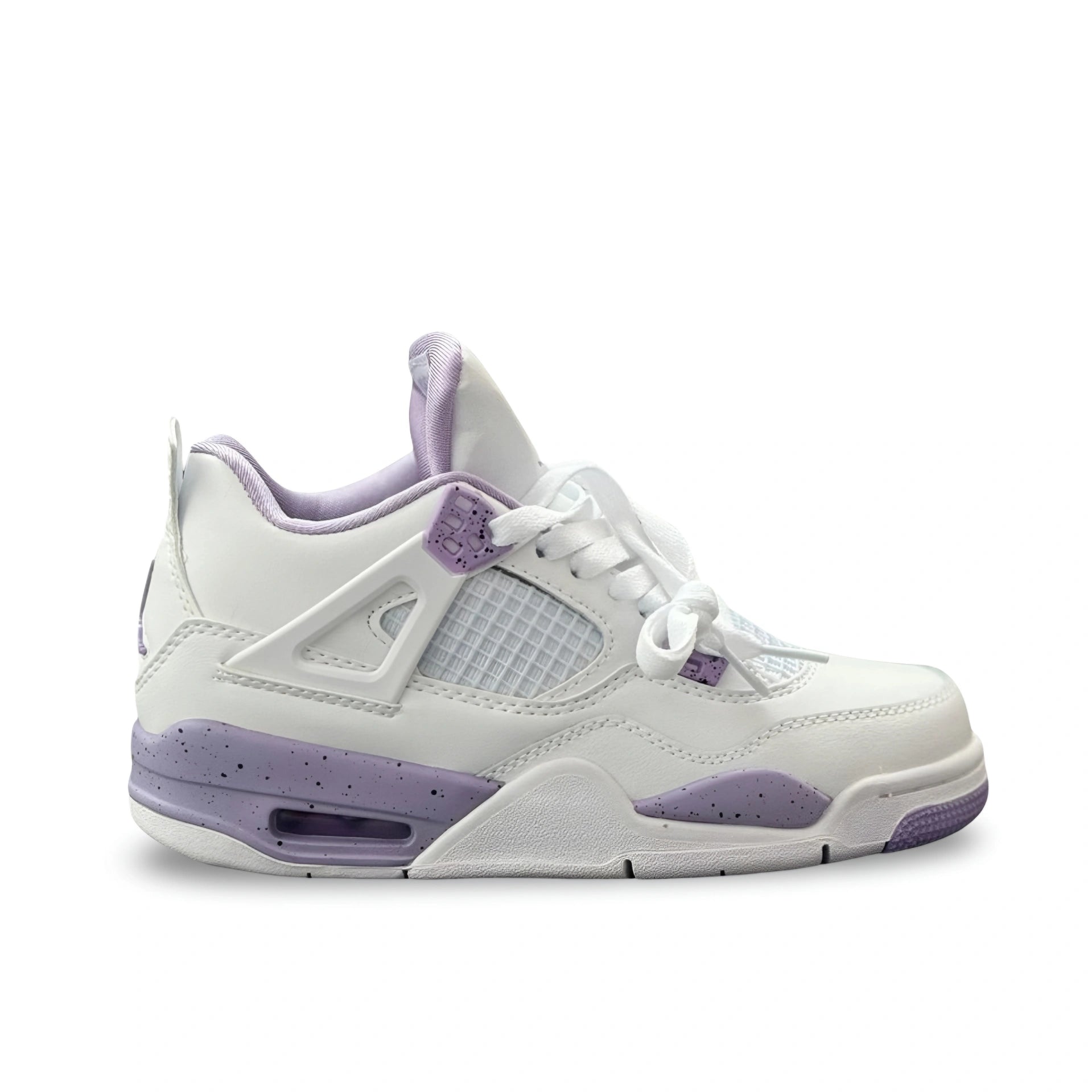 Air Jordan 4 White Purple Oreo side profile featuring white leather upper, mesh panels, and lilac speckled midsole.