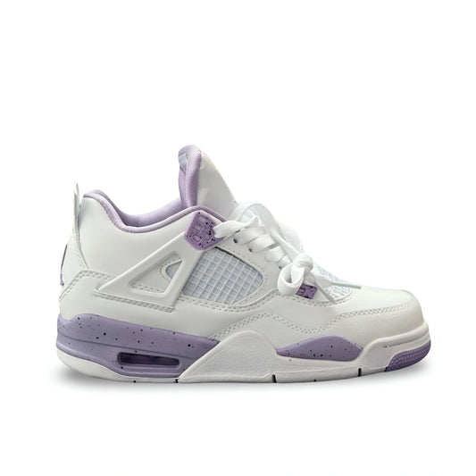 Air Jordan 4 White Purple Oreo side profile featuring white leather upper, mesh panels, and lilac speckled midsole.
