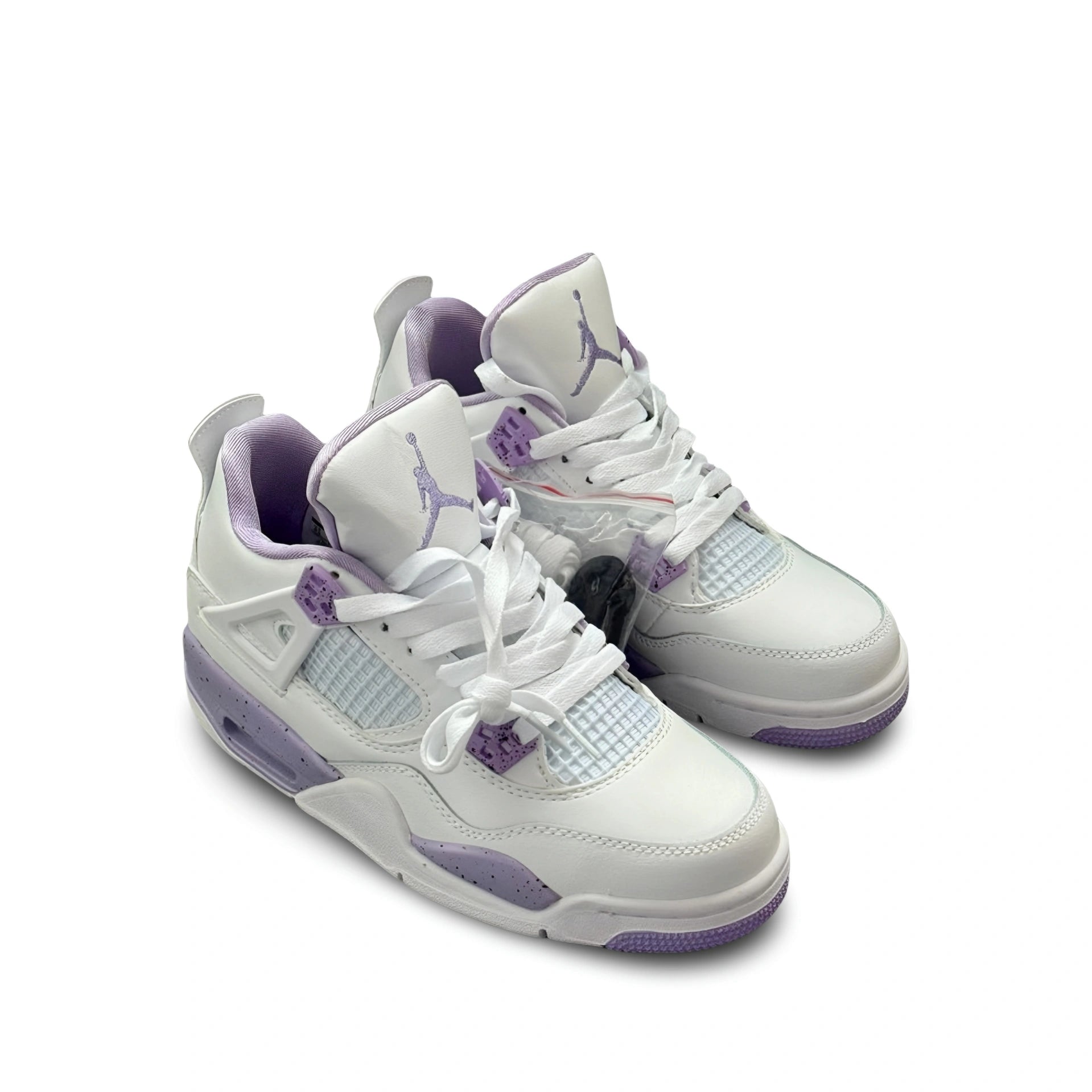 Air Jordan 4 White Purple Oreo pair angled top view showing white leather upper, purple accents, and white laces.