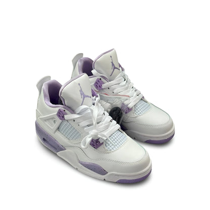 Air Jordan 4 White Purple Oreo pair angled top view showing white leather upper, purple accents, and white laces.