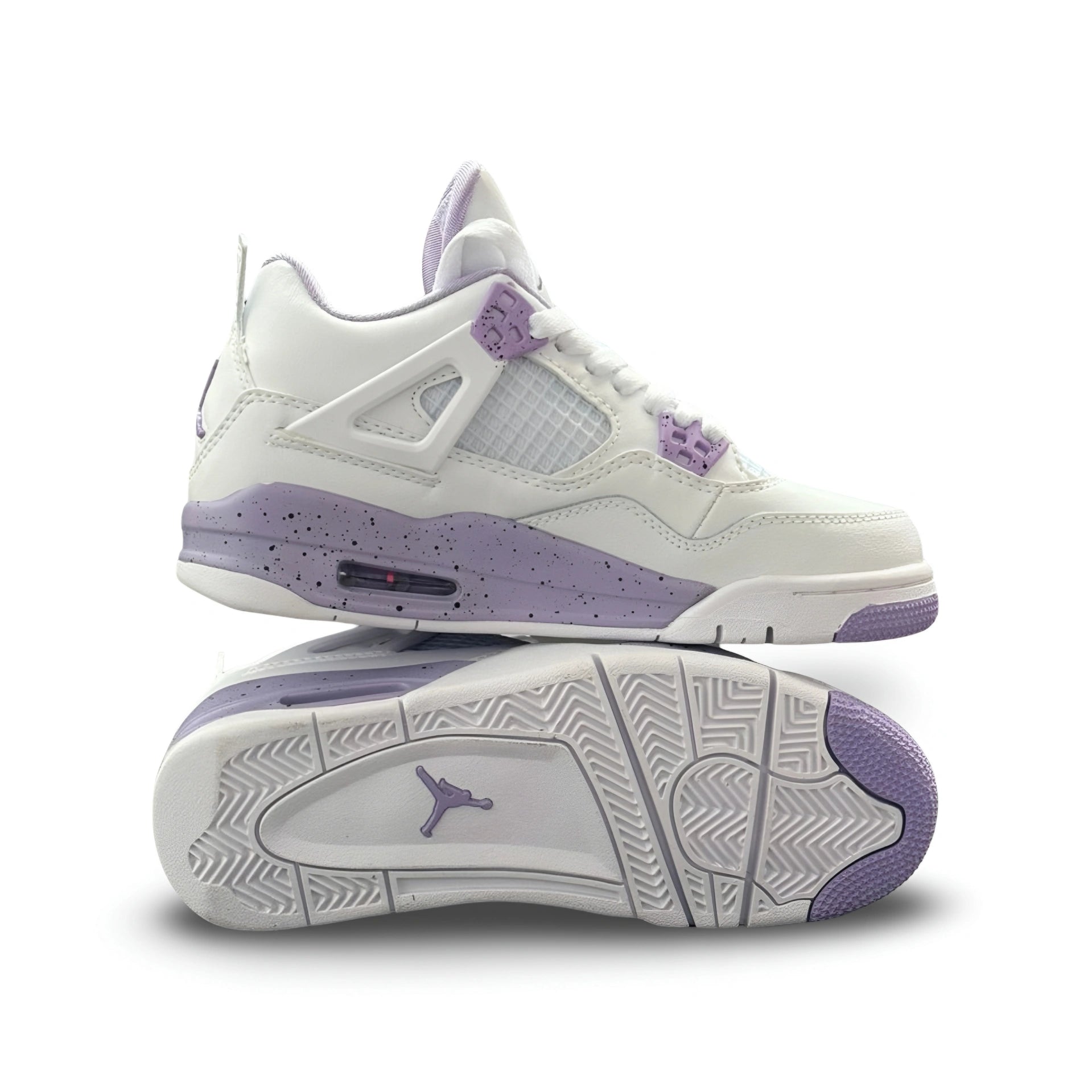 Air Jordan 4 White Purple Oreo side and outsole view showing white leather upper, lilac speckled midsole, and purple Jumpman logo on the sole.