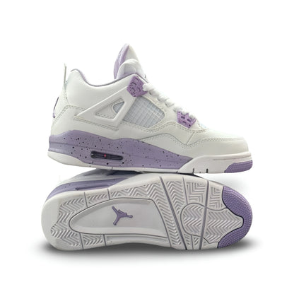 Air Jordan 4 White Purple Oreo side and outsole view showing white leather upper, lilac speckled midsole, and purple Jumpman logo on the sole.