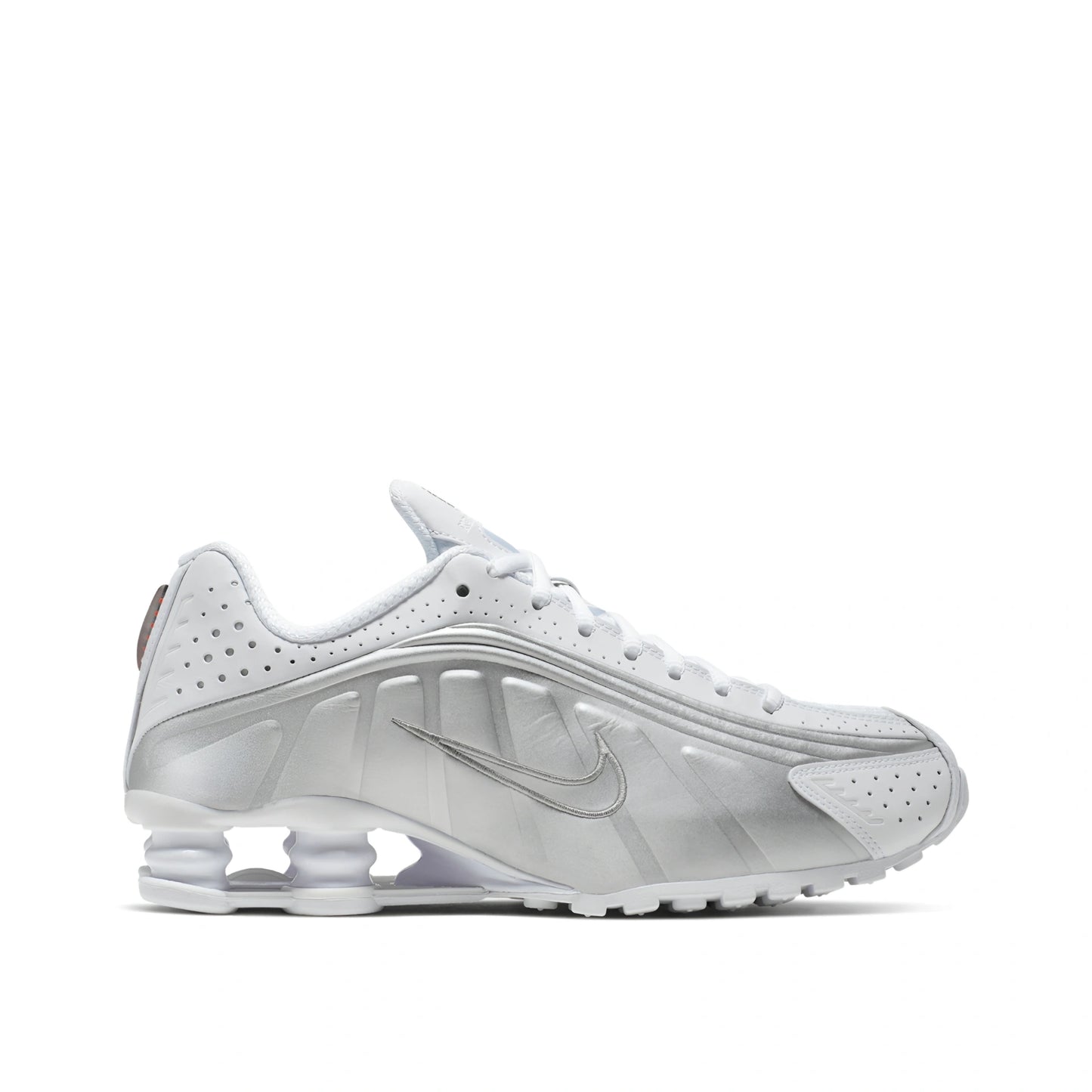 Nike Shox R4 White/Metallic Platinum sneaker - side profile photo