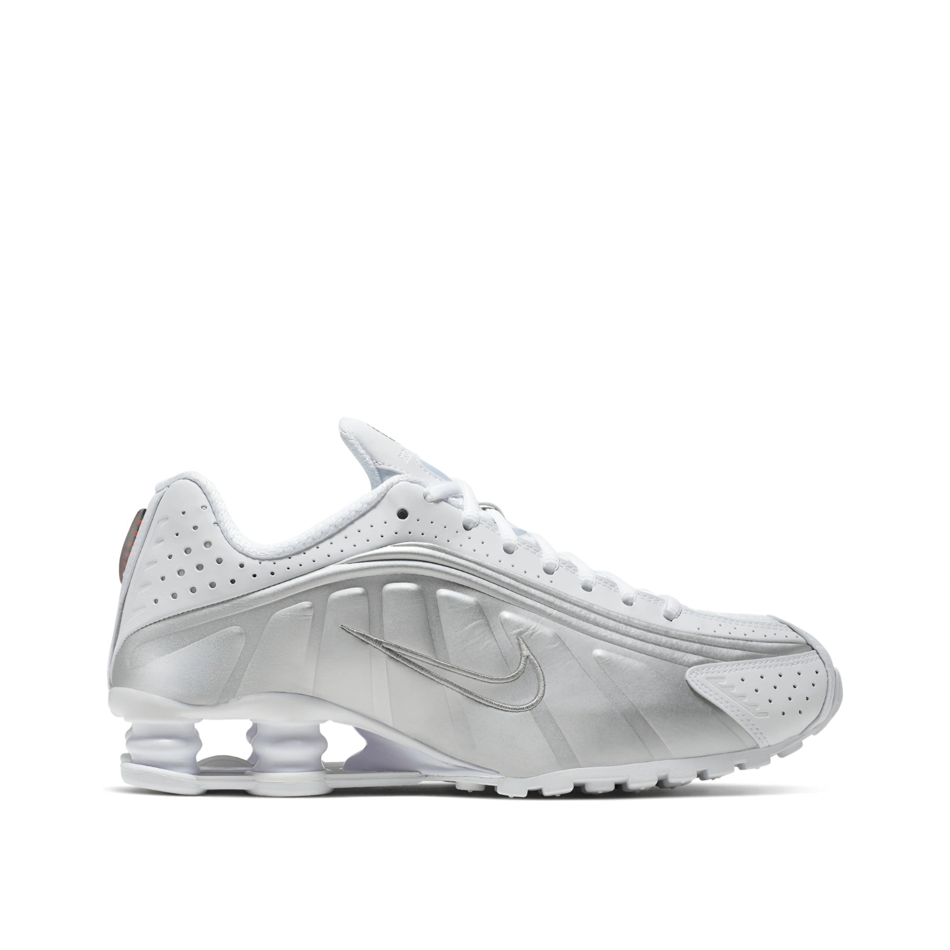 Nike Shox R4 White/Metallic Platinum sneaker - side profile photo