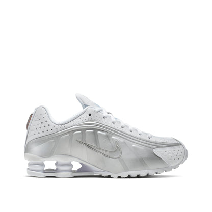 Nike Shox R4 White/Metallic Platinum sneaker - side profile photo