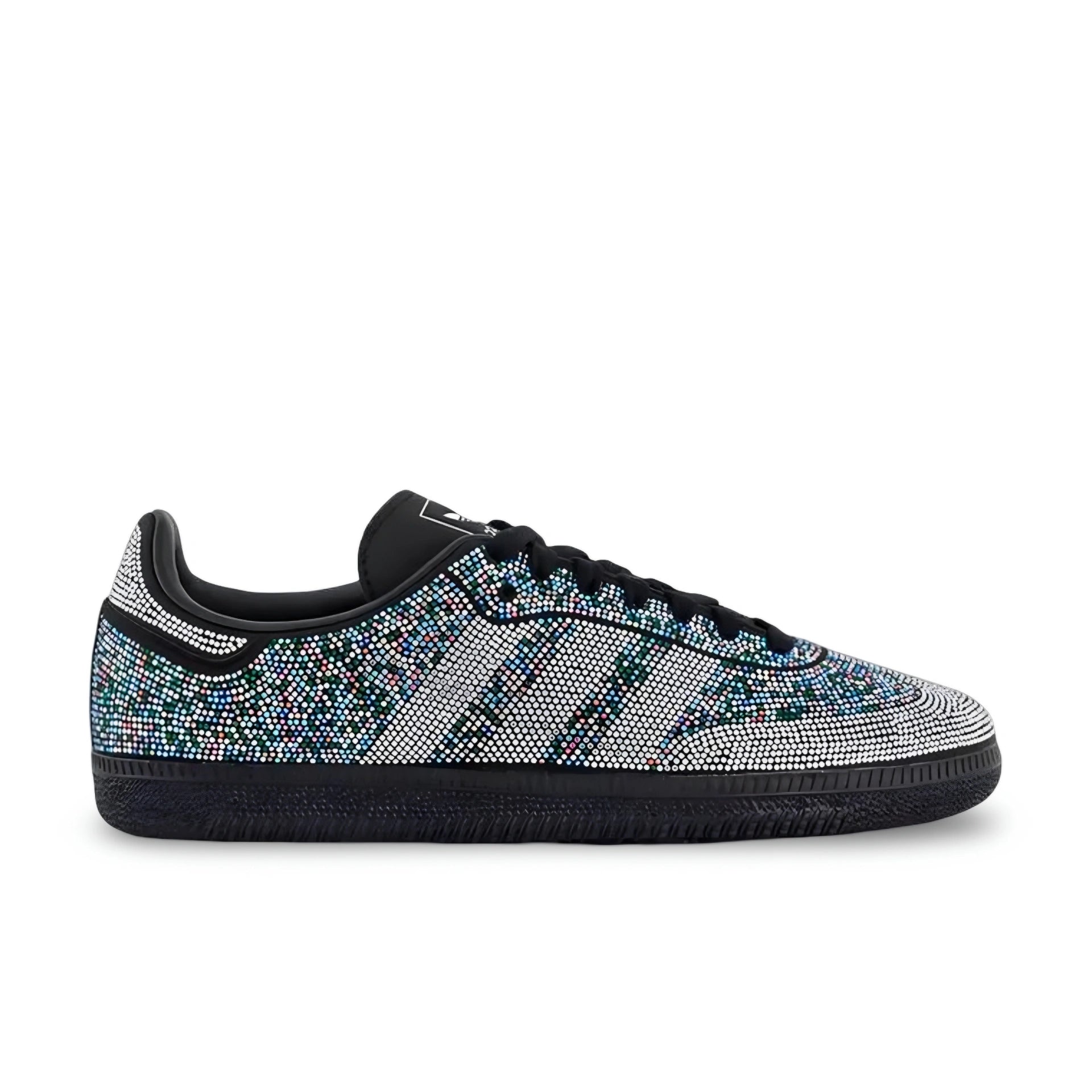 adidas Samba OG Rhinestone Black Silver sneaker with sparkling embellishments shown from the side