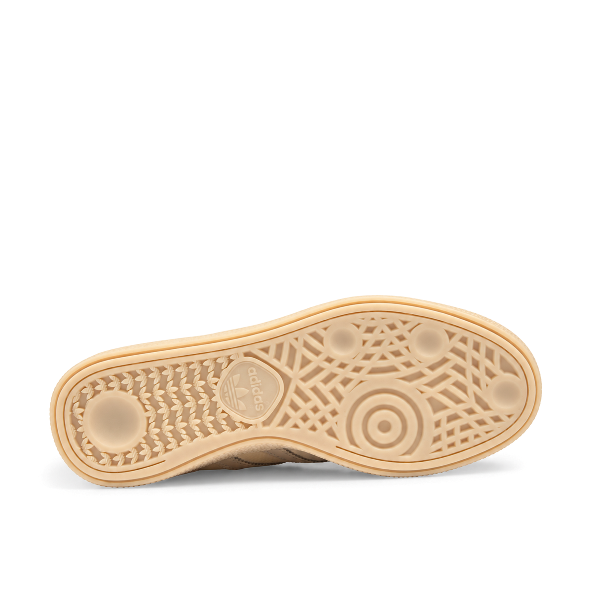 Horizontal pale beige outsole of adidas Handball Spezial Cream White Beige with Trefoil-pattern heel tread on the left and geometric forefoot tread on the right
