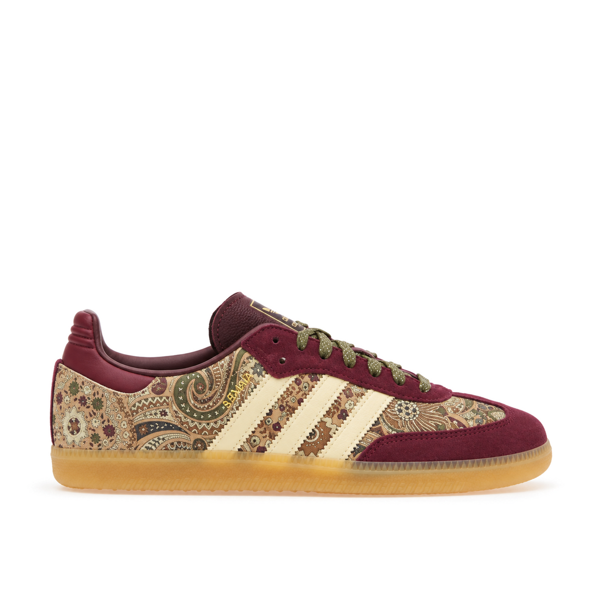 Right-facing side view of the adidas x Liberty London Samba OG with maroon trim, paisley panels and Warm Vanilla stripes