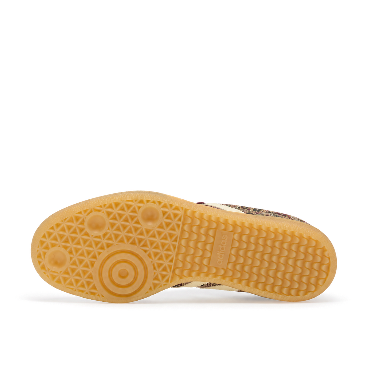 Upright outsole view of the Liberty London Samba OG showing the gum-coloured tread and circular forefoot pivot