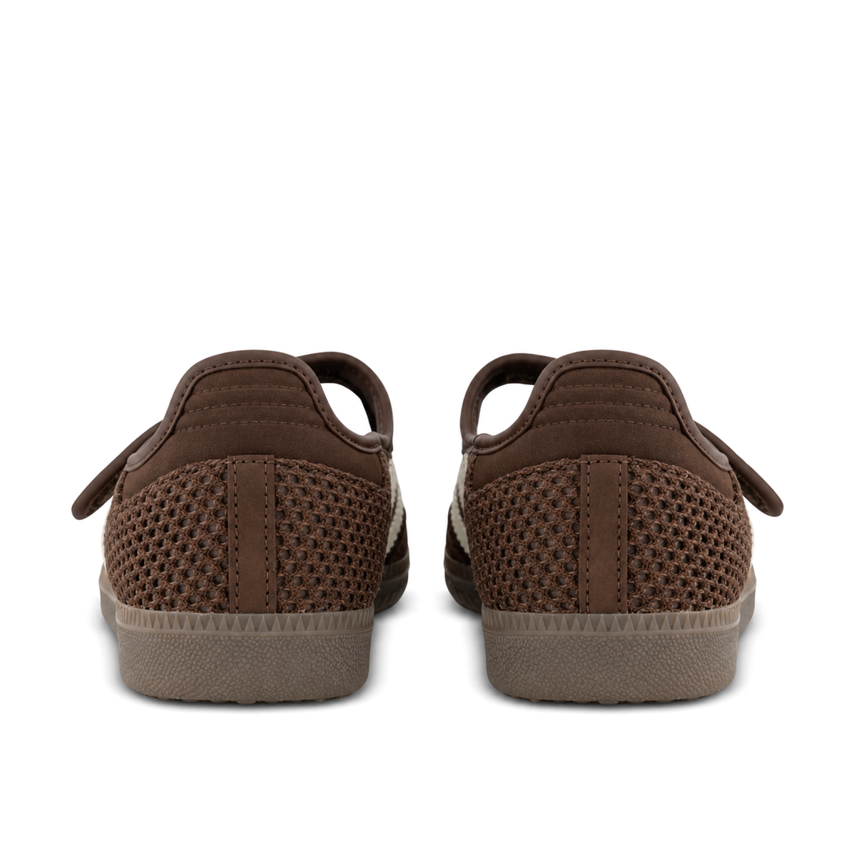 Straight rear pair of adidas Originals Samba Jane Brown Off White Gold showing brown ridged heel tabs, mesh panels and stitched rear seams