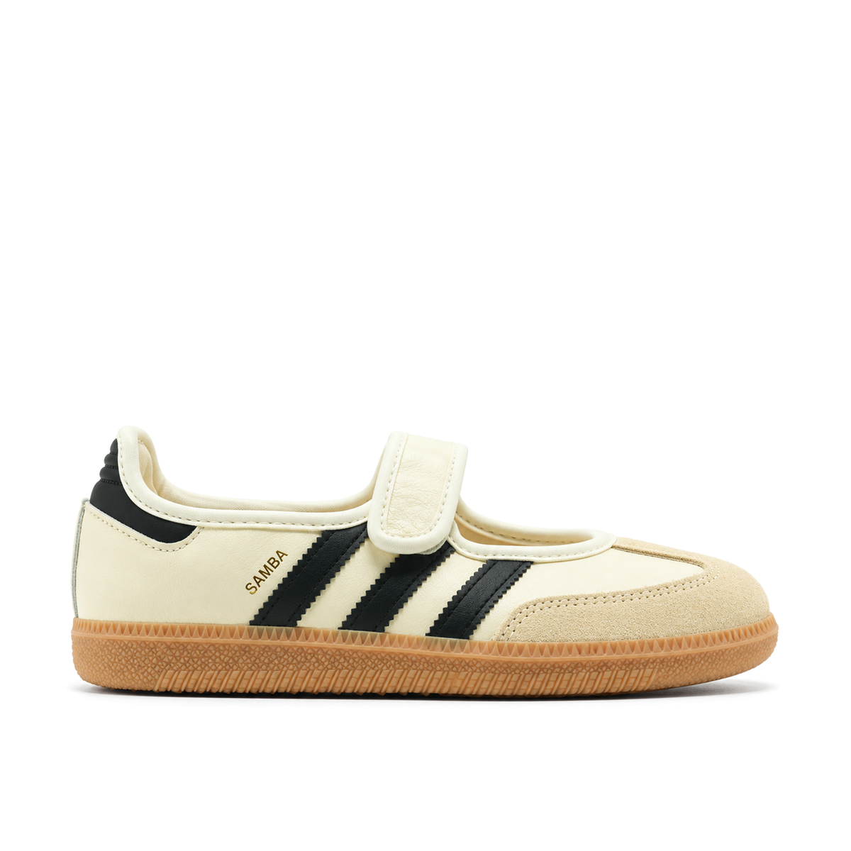 Right-facing side profile of adidas Samba Jane Cream White with black Three Stripes, a cream instep strap, gold SAMBA lettering and gum sole