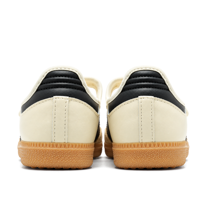 Straight rear pair of adidas Samba Jane Cream White showing black ridged collar panels, cream stitched rear seams and gum soles