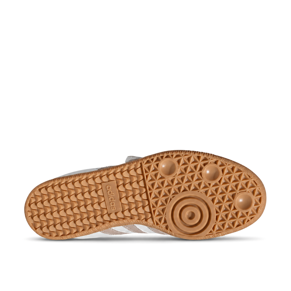 Gum outsole of the adidas Samba Jane Ruffle, showing the circular pivot tread, triangular pattern and adidas branding.