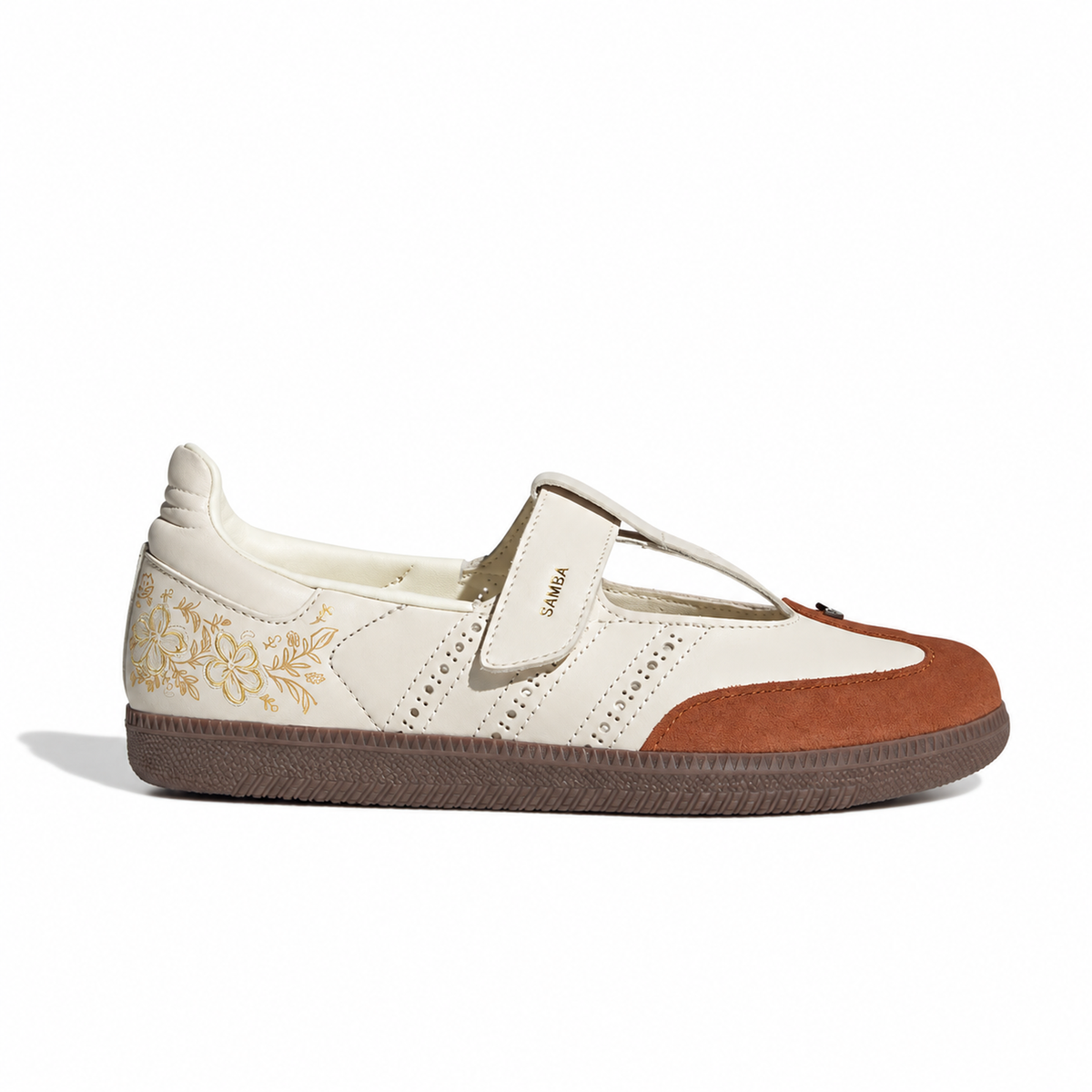 Adidas Samba Jane Summer Glow Off White Gum side profile with brown toe overlay and gold floral heel detail