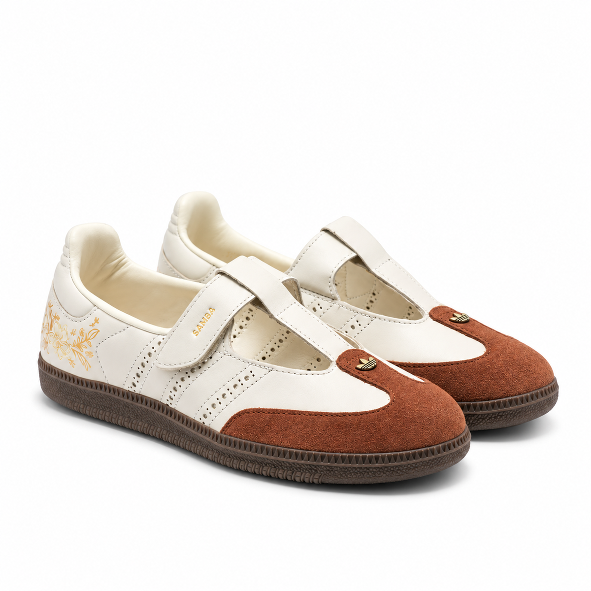 Adidas Samba Jane Summer Glow Off White Gum pair showing instep straps and perforated Three Stripes