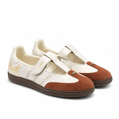 Adidas Samba Jane Summer Glow Off White Gum pair showing instep straps and perforated Three Stripes