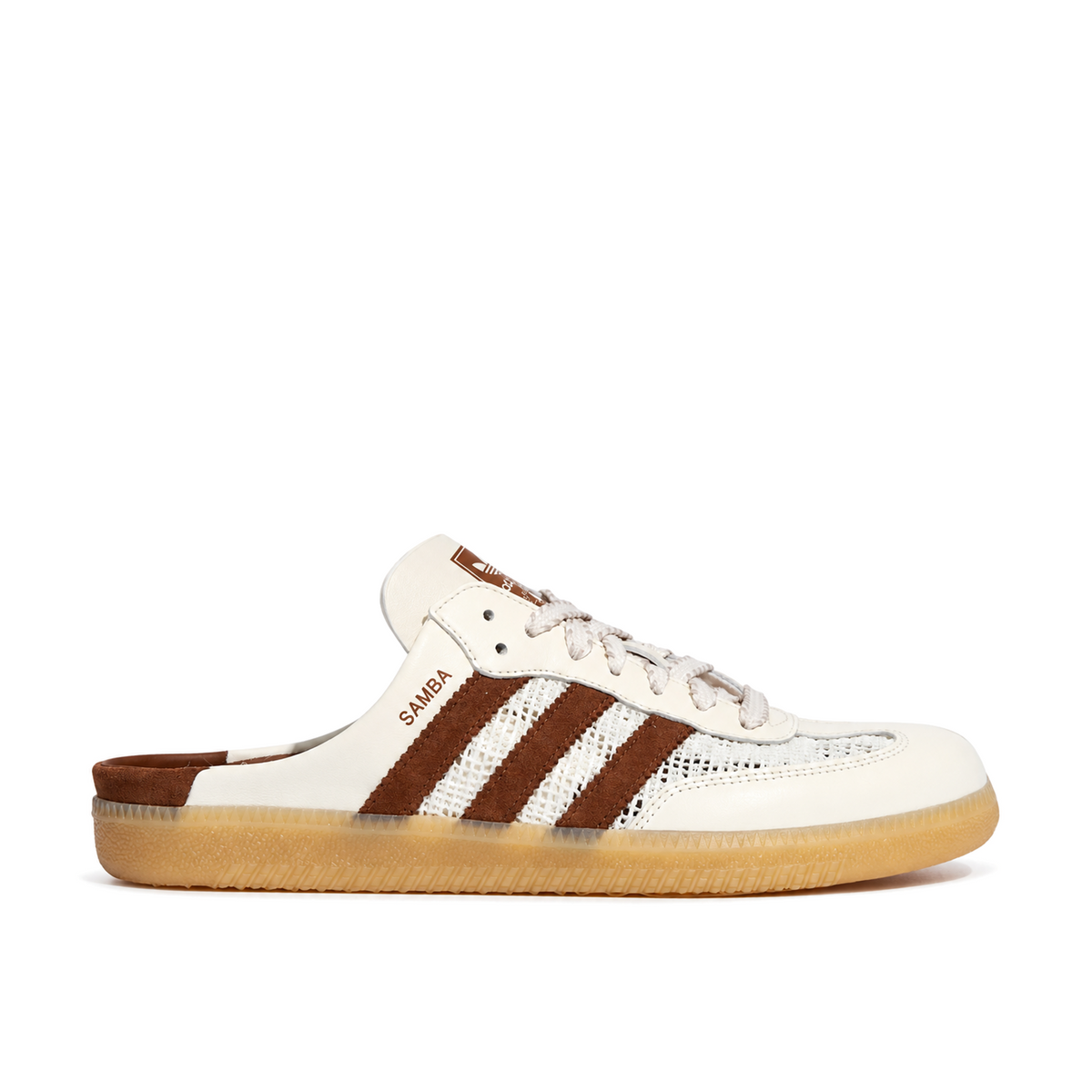 Right-facing side view of the adidas Samba Mule, showing off-white square mesh, brown Three Stripes and an open heel above a light gum sole.
