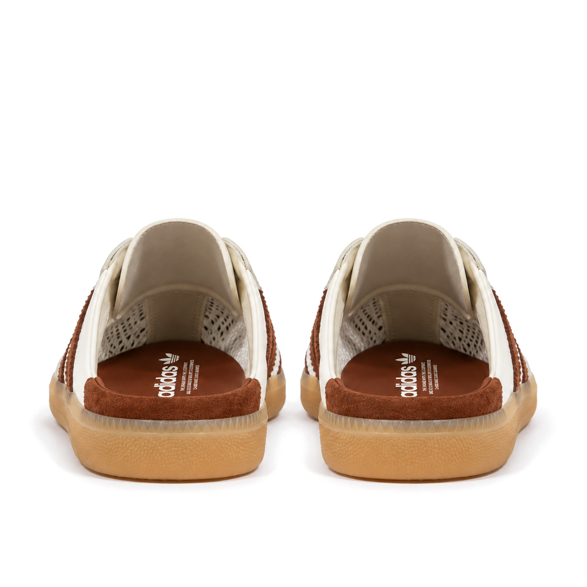 Straight rear view of off-white and brown adidas Samba Mules, showing the open heels and low brown rear lips.