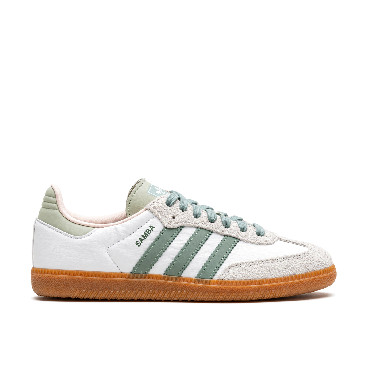 Right-facing side view of the adidas Samba Silver Green with white panels, green Three Stripes and a gum sole